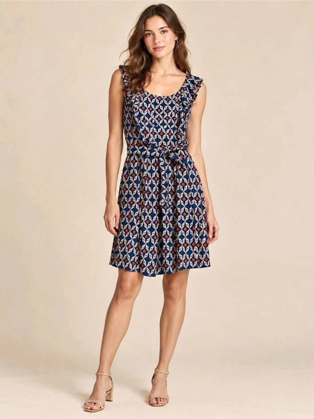 Aryeh Blue & Orange Geometric Print Mini Fit & Flare Dress Size Medium